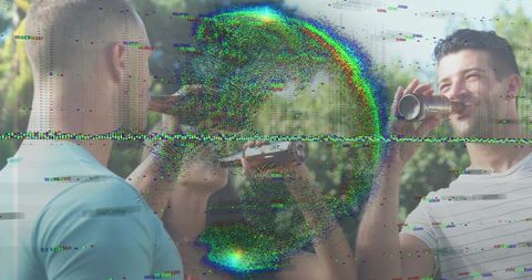 Friends Enjoying Drinks Outdoors with Digital Glitch Aesthetic