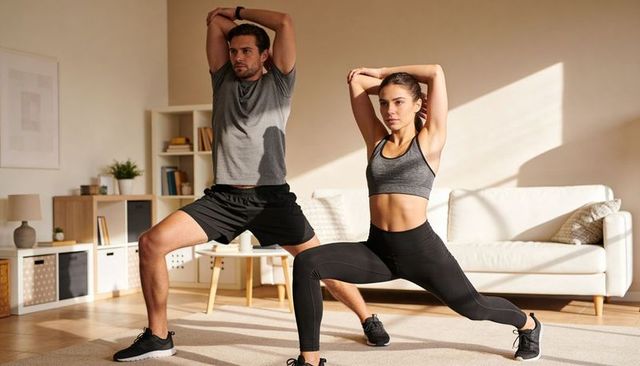 Fit Couple Performing Synchronized Lunges in Sunlit Living Room Wearing Sportswear