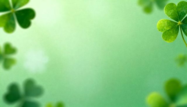 Four-leaf clover shining amid shamrock bokeh with green gradient copy space for design