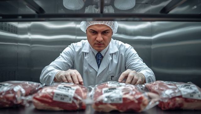 Food safety inspector analyzing vacuum-sealed meat