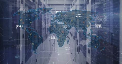 World Map with Data Overlay on Server Room - Download Free Stock Images Pikwizard.com