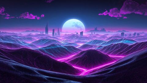 Neon lunar cyberlandscape with magenta grid highways, futuristic city skyline at night