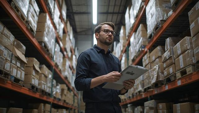 Warehouse supervisor inspecting inventory on tablet inside high-bay pallet racking aisle