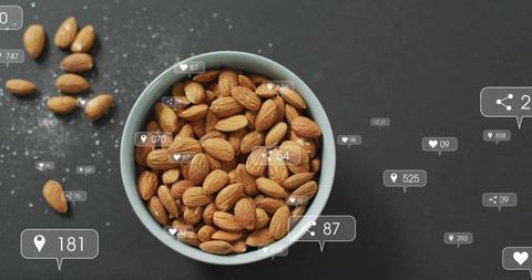 Almonds in Bowl with Overlay Increasing Engagement Icons
