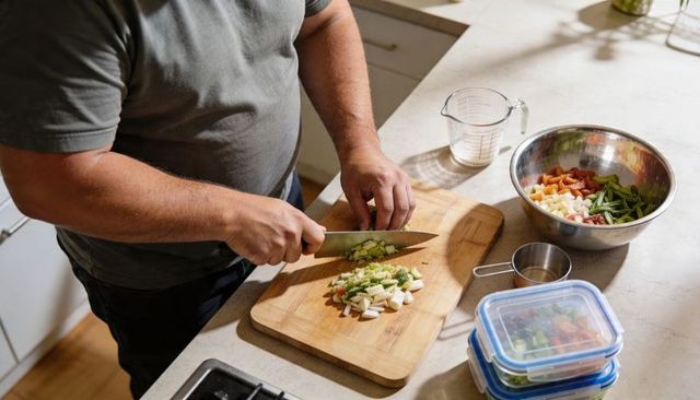 Man chopping vegetables on wooden cutting board for healthy meal prep in home kitchen