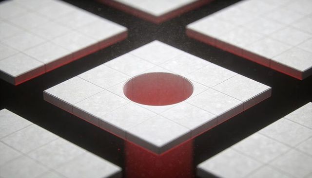 Floating white tiled platforms showing circular void with glowing red shaft and rim light