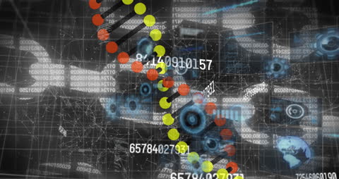 Futuristic Digital Interface with DNA Helix and Data Elements