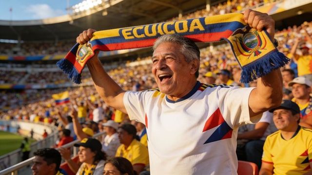 Cheering senior hispanic fan holding ecuador scarf in packed stadium during sunny match