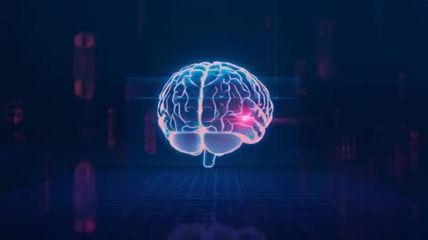 Futuristic Neon Brain Hologram with Digital Analysis