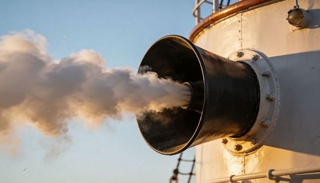 Marine funnel releasing white-gray exhaust plume from bolted flange on weathered vessel hull
