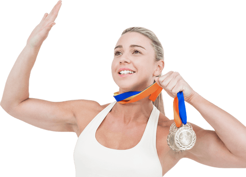 Victorious Female Athlete Holding Two Medals on Transparent Background