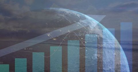 Displaying global growth over ocean horizon with rising bar chart and upward arrow