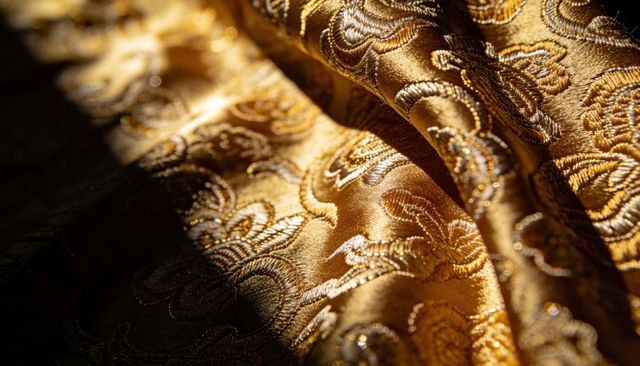 Golden brocade fabric with embroidered paisley motifs glinting in warm light, jacquard