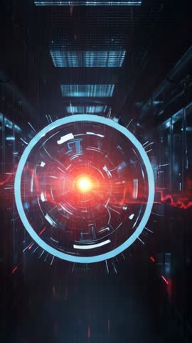 Generating portal with red energy orb and rotating blue ring in futuristic corridor video