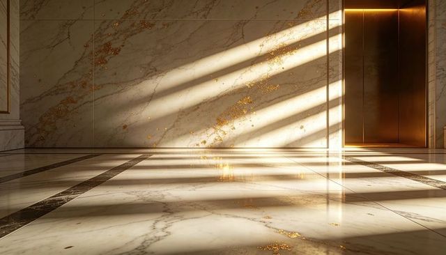 Luxury white marble lobby reflecting diagonal sunlight bronze elevator and gold veining