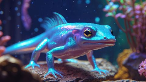 Mystical teal amphibian perched among glowing coral