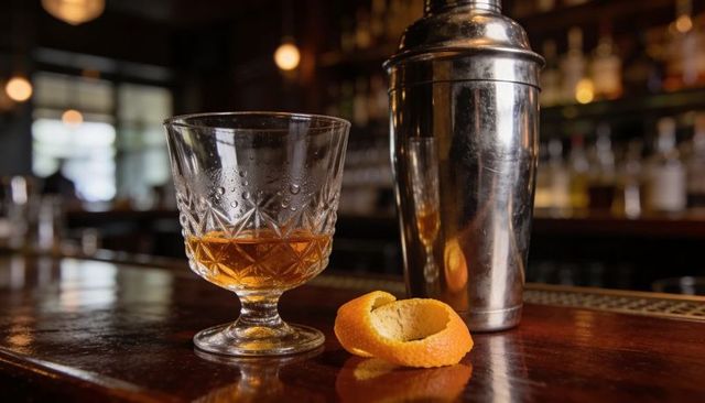 Glistening crystal cocktail glass with orange twist and steel shaker on polished bar