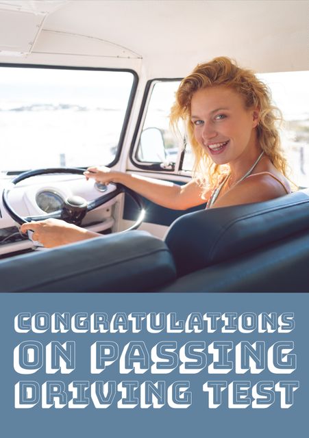 Smiling young woman celebrating successful driving test in car. Perfect for congratulatory cards, social media announcements, driving school promotions, motivational posters for learning drivers, or any content about automotive achievement.