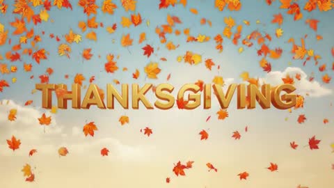 Falling Autumn Leaves around Golden THANKSGIVING Title over Warm Sky Animated Loop
