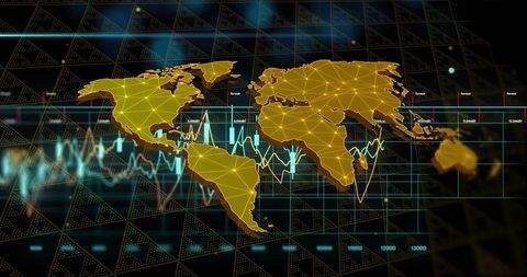 Holographic golden world map with network nodes and neon financial charts on 3d dashboard