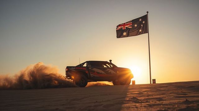 Desert pickup kicking up sand at golden sunset with australian flag flying over dunes