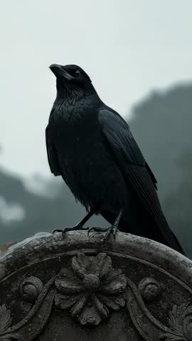 Vertical video showing crow calling while perching on carved stone balustrade in mist