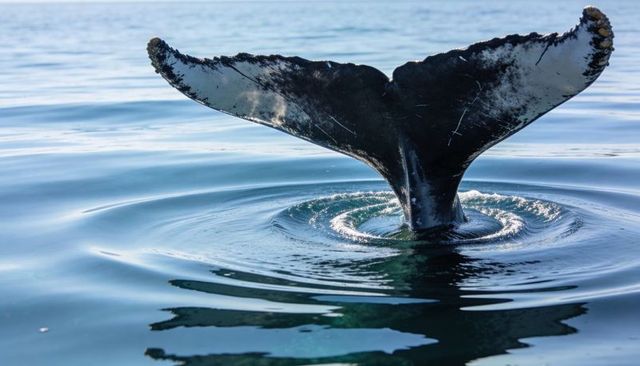Humpback whale fluke rising from glassy ocean with barnacles and concentric ripples