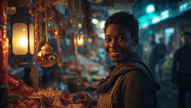 Night market vendor with handcrafted lanterns and festive decor