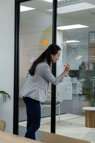 Asian woman sketching diagrams on glass wall in modern office for team collaboration