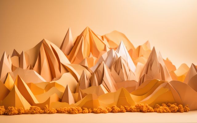 Orange origami landscape with trees and mountains, created using generative ai technology. Orgiami art, scenery, nature and pattern concept digitally generated image.