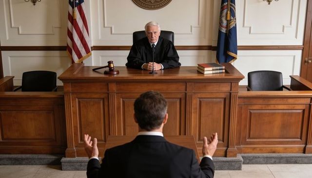 Judge presiding over courtroom hearing while man gesturing at lectern, legal proceedings