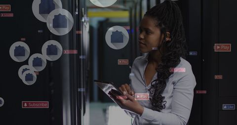 Businesswoman Analyzing Data with Augmented Reality Interface in Server Room - Download Free Stock Images Pikwizard.com