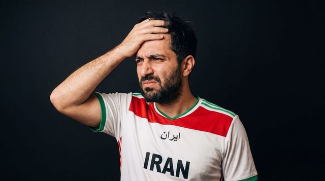 Iran football fan holding head in frustration wearing national team jersey