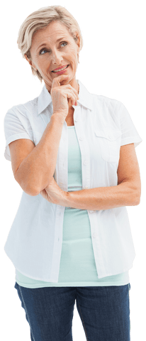 Transparent Background Mature Woman Thinking with Hand on Chin