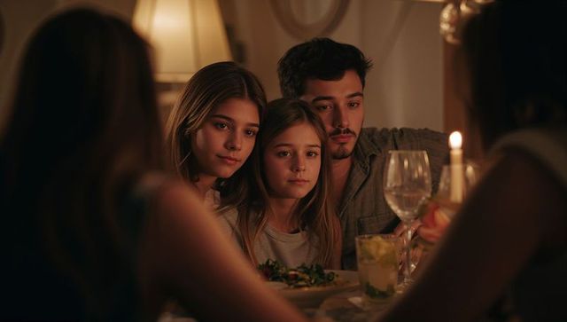Father and daughters sharing quiet candlelit dinner at home, intimate family evening warmth