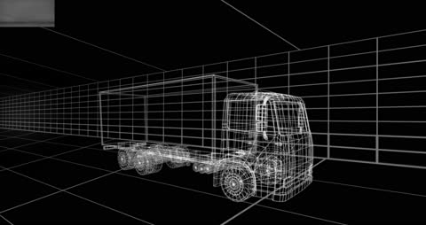 Digital Wireframe Lorry in Futuristic Grid Space
