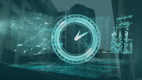 Futuristic Digital Clock Animation Over Cityscape