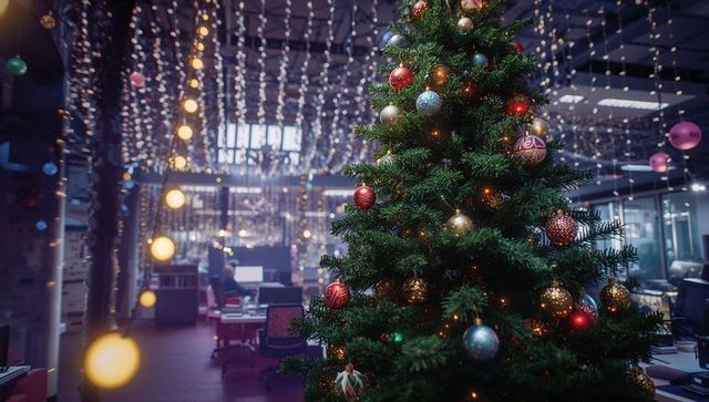 Festive office celebration with illuminated christmas tree