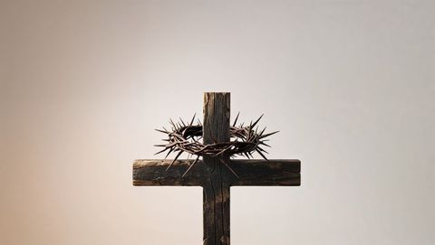 Rustic wooden cross with crown of thorns symbolizing jesus' sacrifice