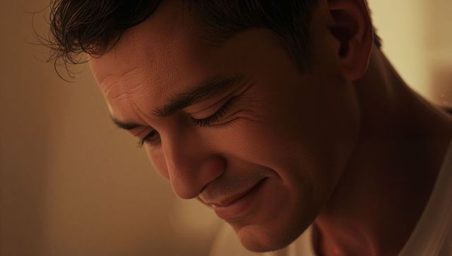 Tilting man closing eyes and smiling softly in warm amber light, intimate closeup portrait