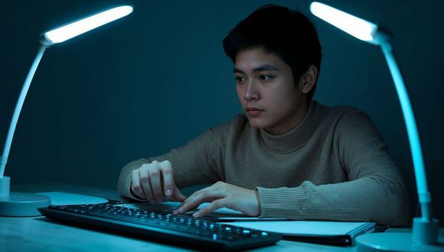 Late-Night Studying Asian Man Typing at Minimalist Desk with Dual LED Lamps