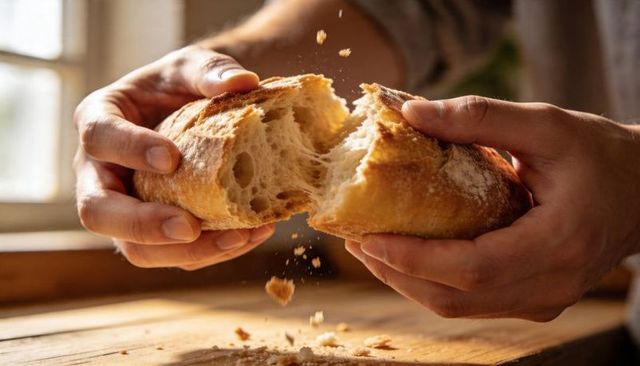 Hands tearing crusty artisan bread over wooden counter in warm sunlight