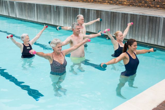High angle view of trainer with senior people exercising in swimming pool
