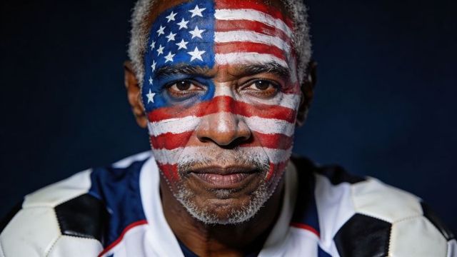 Senior man wearing american flag face paint and sports jersey, patriotic closeup headshot
