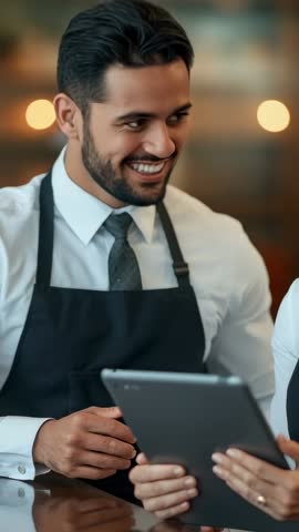 Vertical Video Showing Cafe Staff Presenting Tablet for Order Review and Team Collaboration