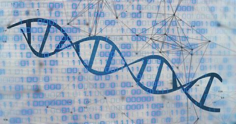 Dna helix and binary code panel illustrates biotechnology advancement