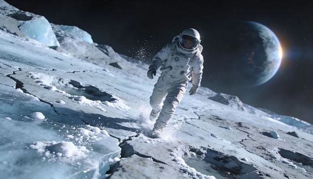 Astronaut walking on cracked lunar ice kicking frost with Earth looming dramatic spacewalk