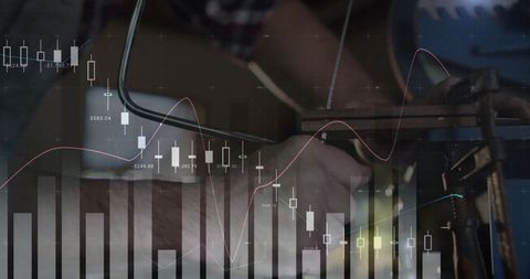 Woodworker crafting at workbench with financial data overlay