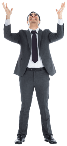 Businessman in Suit Celebrating While Raising Arms Indoor Transparent