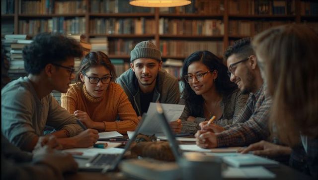 Diverse Group Collaborating in Library with Technology